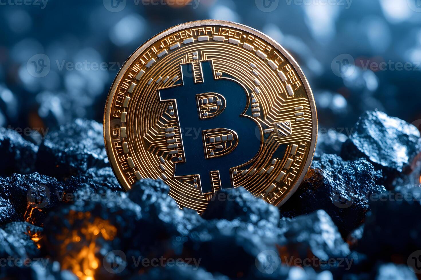 Digital Cryptocurrency Concept with Bitcoin Coin on Dark Metallic Background photo
