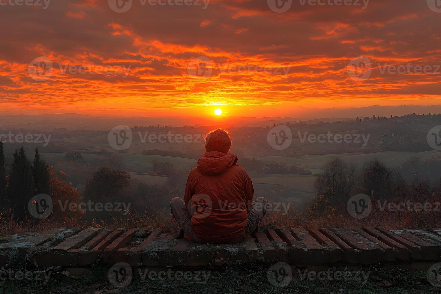 Sunset Serenity Contemplative Moment in Autumn Landscape for Mindfulness and Relaxation photo