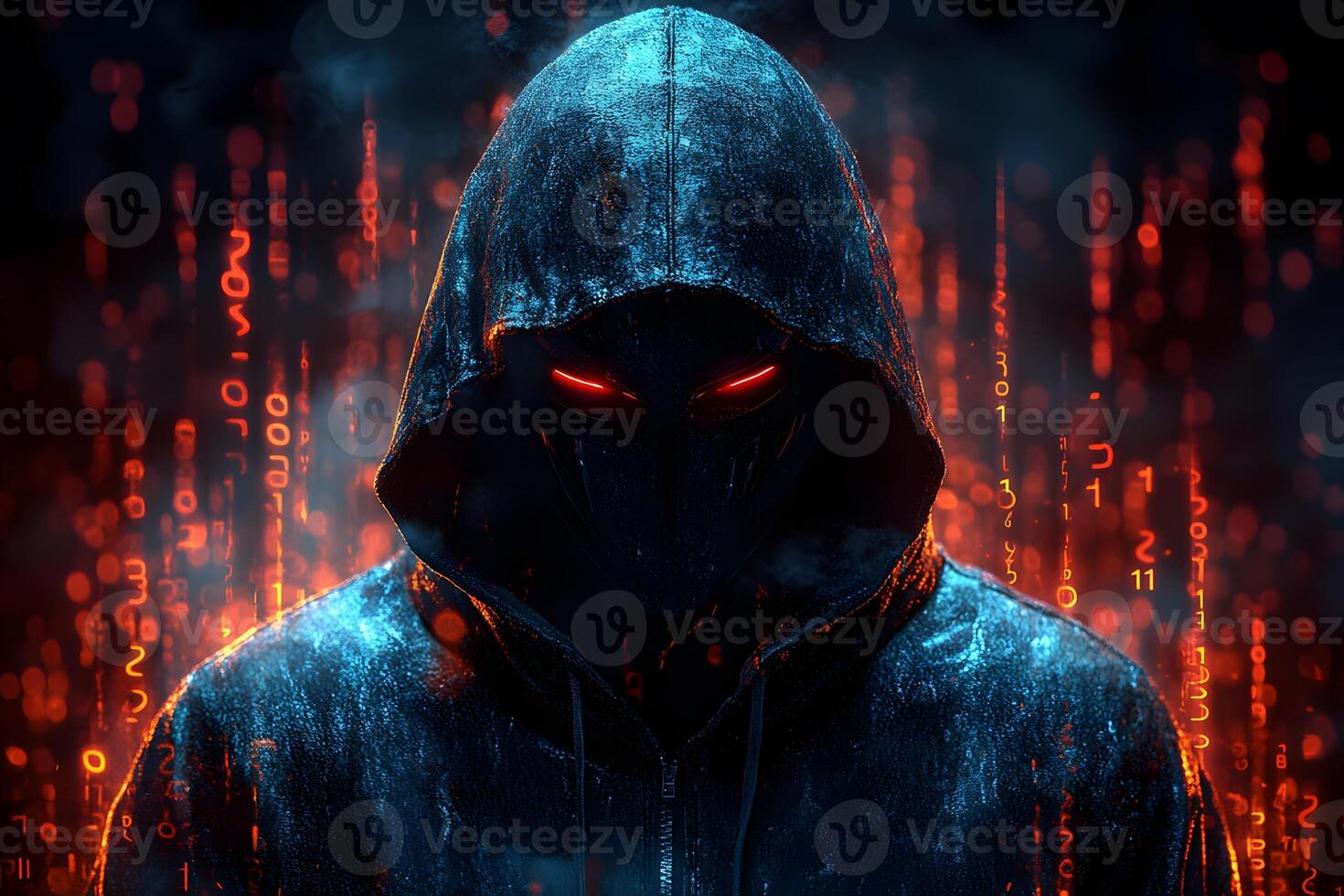 Mysterious Hooded Figure with Glowing Eyes in Futuristic Digital Matrix photo