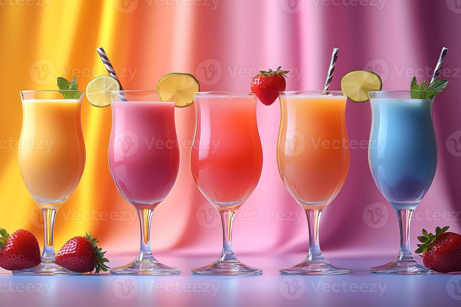 Colorful Summer Cocktails with Fresh Fruit and Gradient Background for Creative Marketing photo