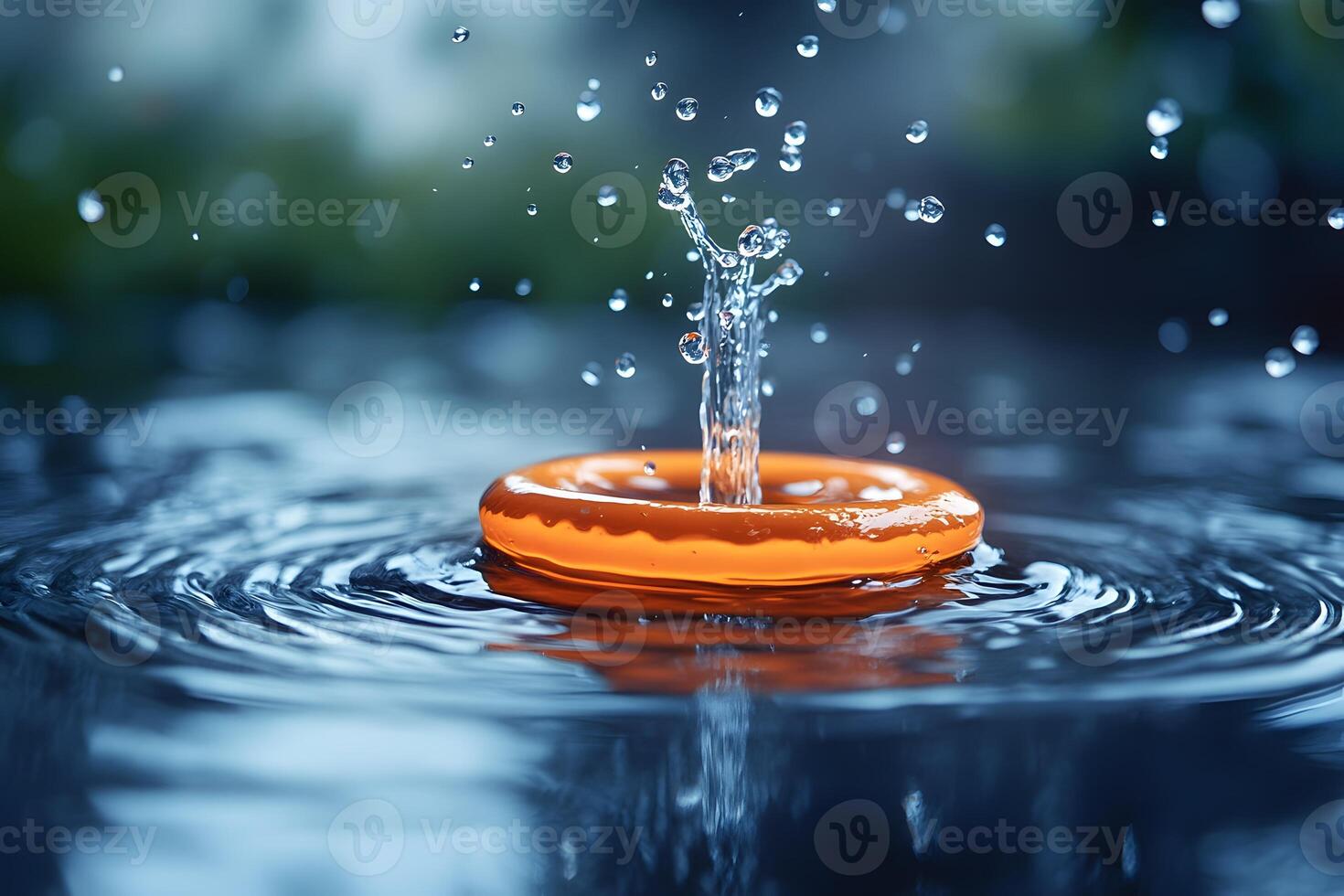 Splashing Water Droplets in Orange Ring Creating Ripples on Reflective Surface photo