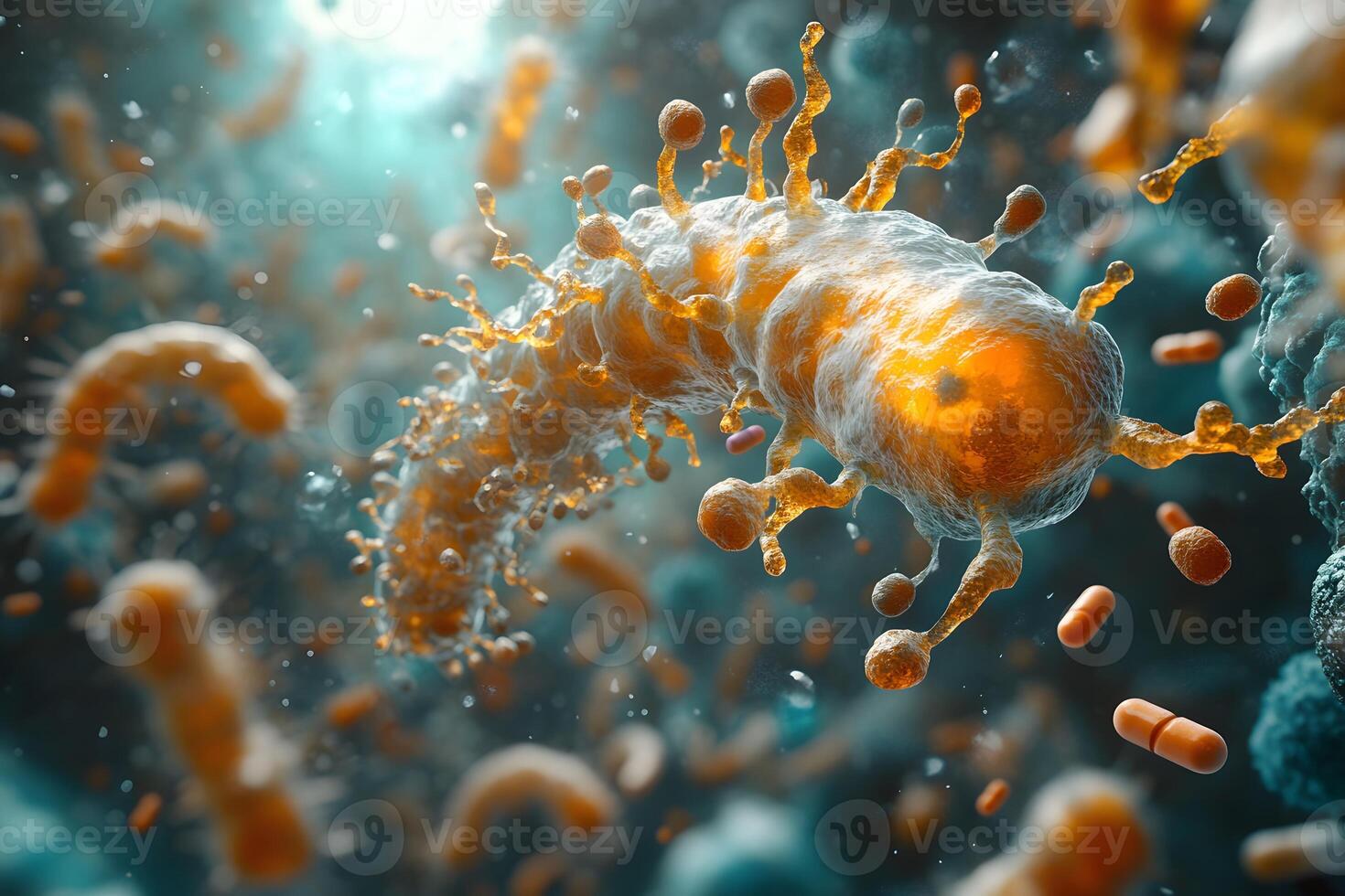 Abstract Microbiology Artistry Vibrant Bacterial Structures in Motion for Scientific Illustration and Educational Use photo