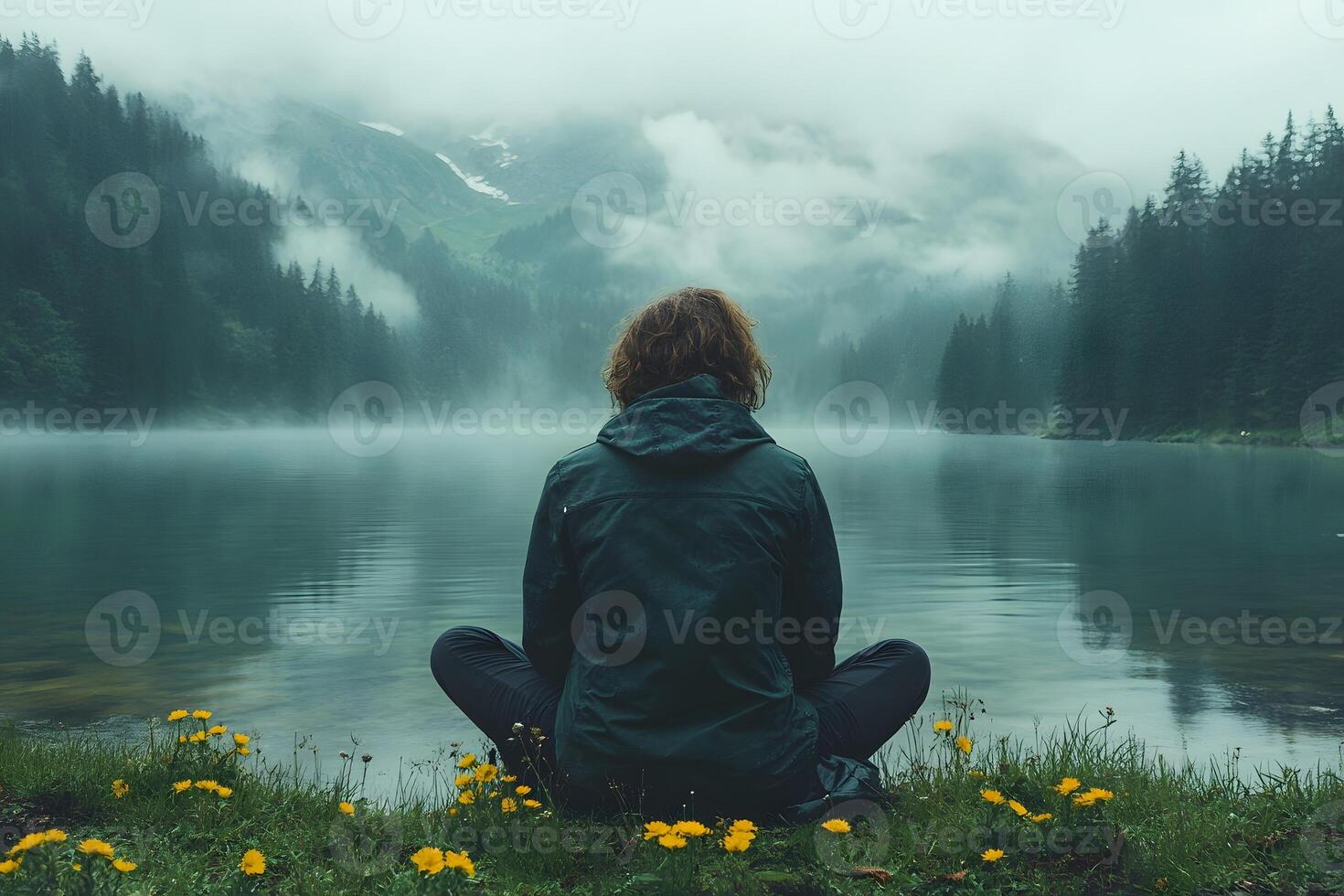 Solitude in Nature Meditation by Misty Mountain Lake photo
