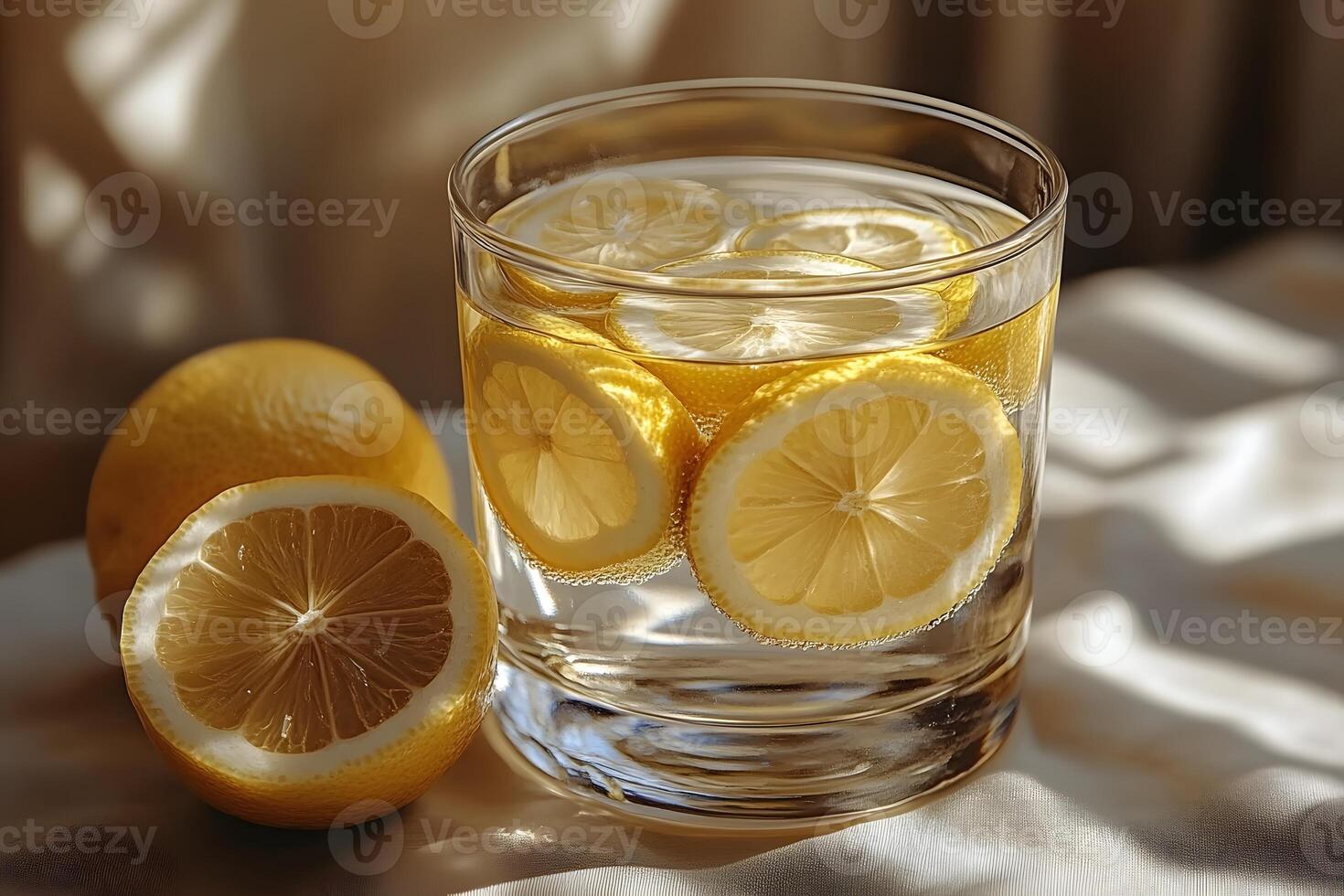 Refreshing Summer Lemon Water with Sliced Lemons in Glass and Sunlight Ambiance photo