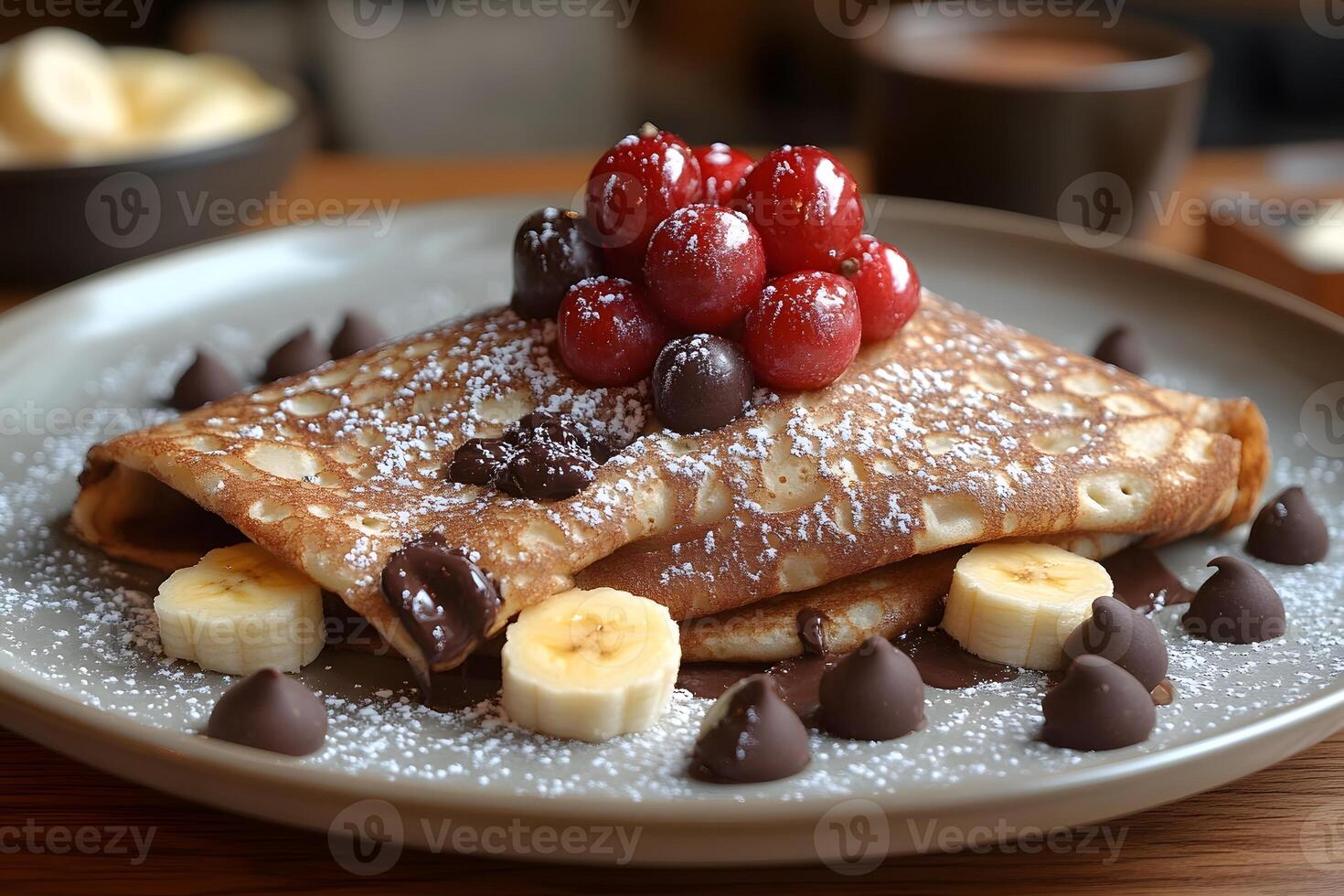 Delicious Chocolate Chip Crepes with Cherries and Bananas for a Gourmet Breakfast photo