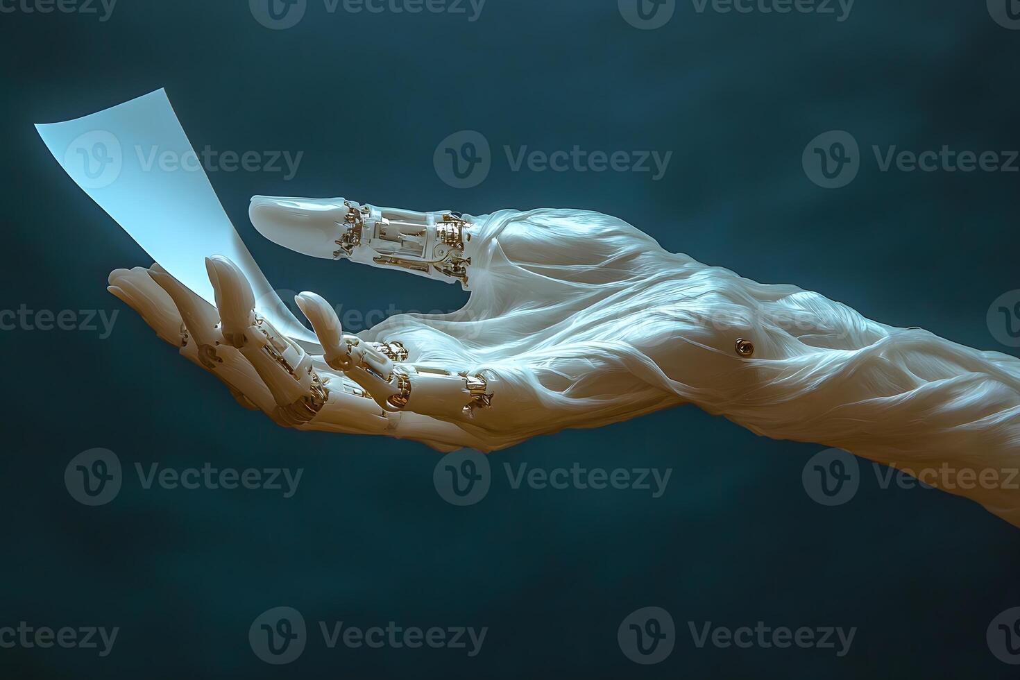 Futuristic Robotic Hand Holding a White Sheet Concept for Technology and Innovation photo