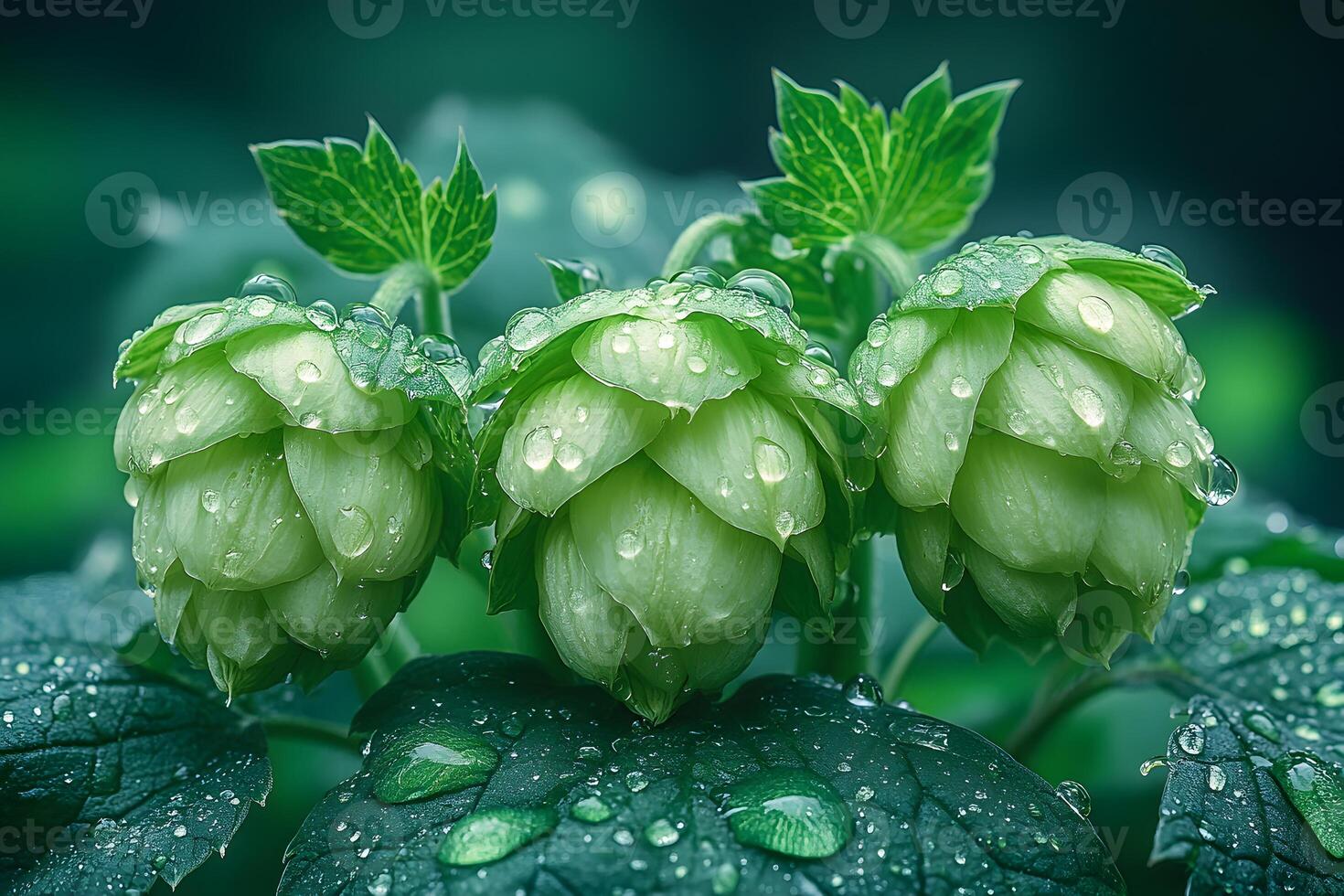 Fresh Green Hops with Dewdrops Nature's Beauty for Brewing and Design photo