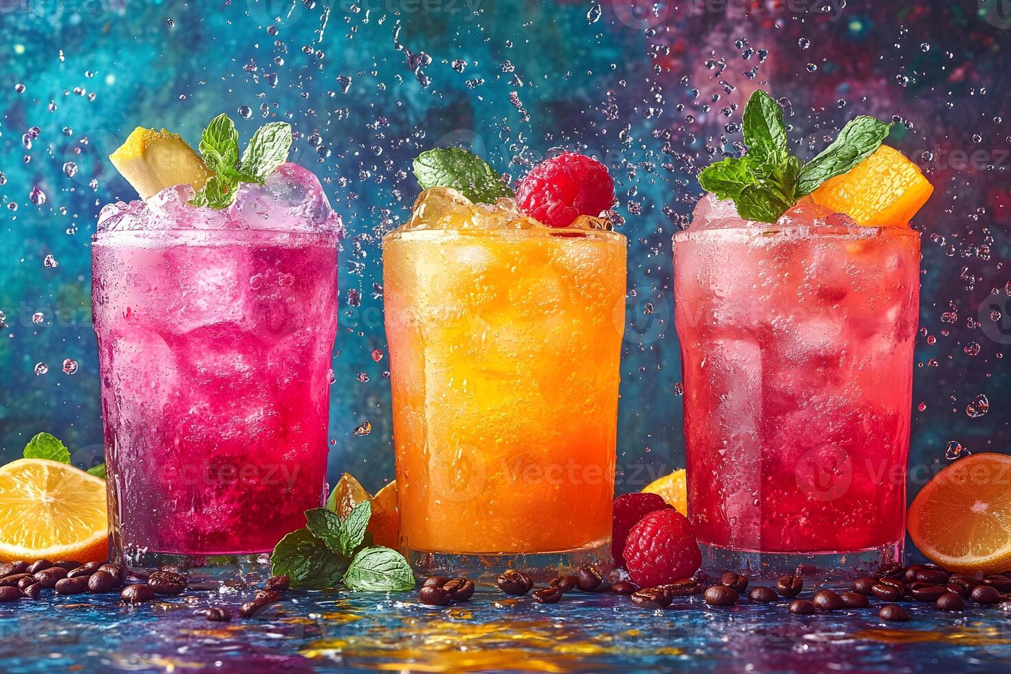 Vibrant Summer Beverages with Citrus and Berry Fruits for Refreshing Design photo