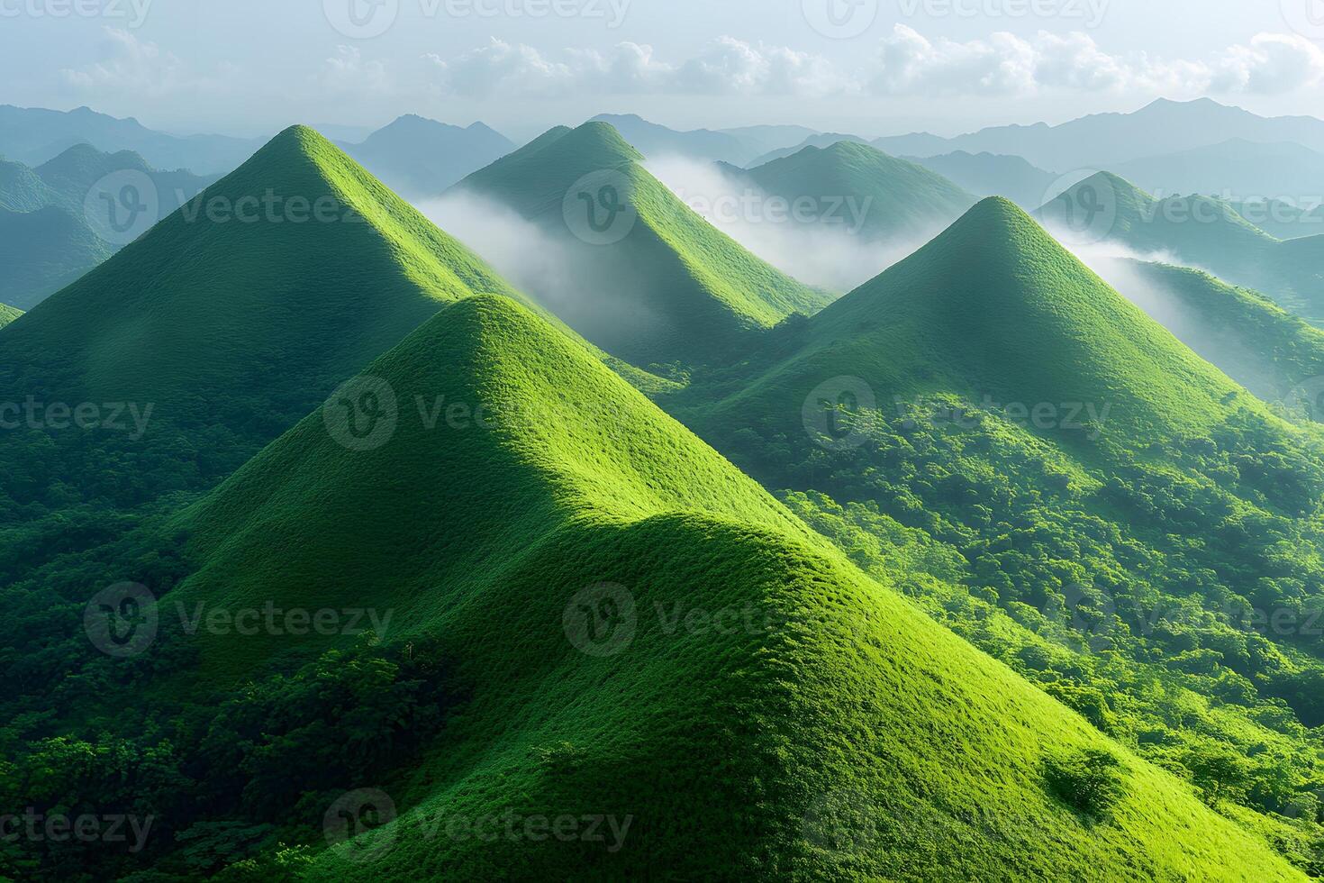 Lush Green Hills and Misty Valleys Serene Nature Landscape for Scenic Posters photo