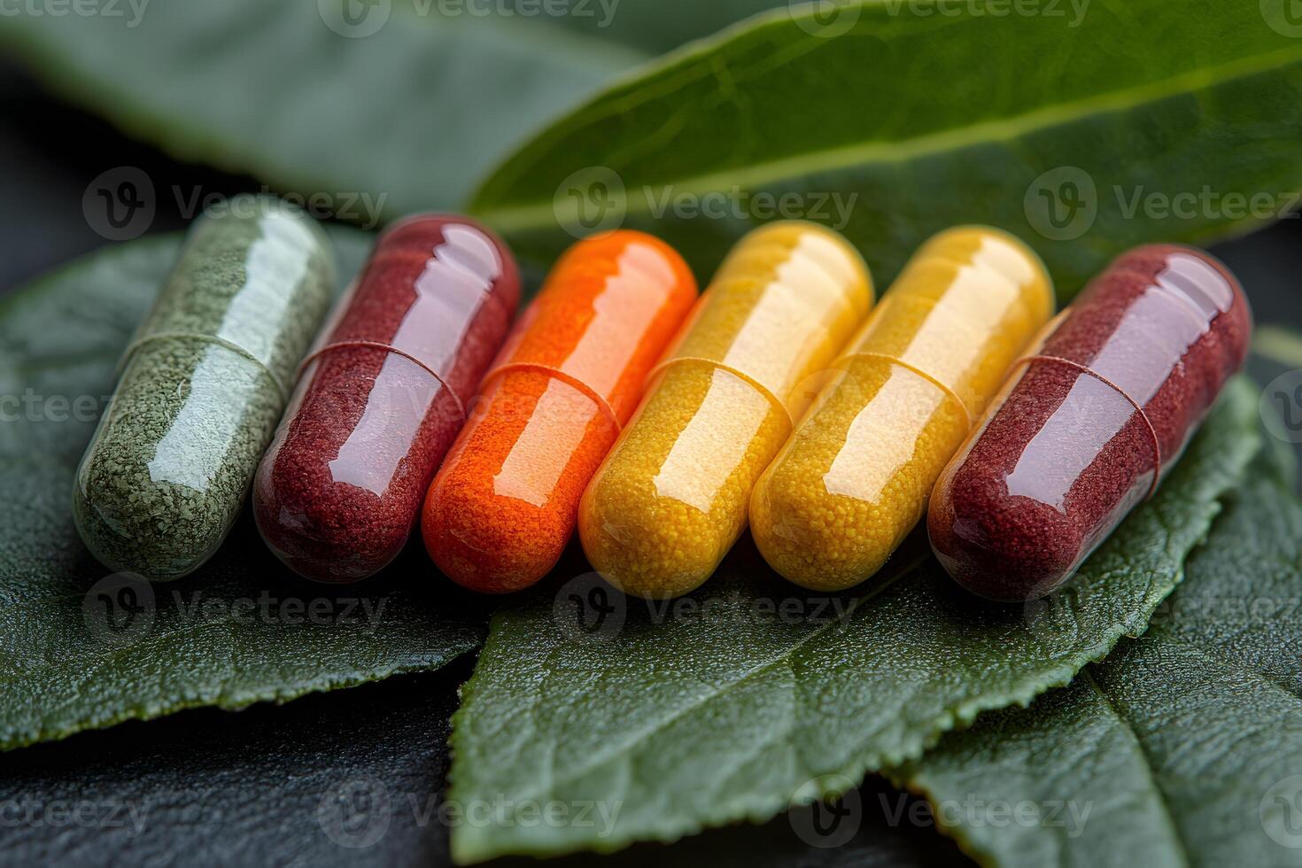 Colorful Dietary Supplement Capsules on Natural Leaf Background for Health and Wellness Concepts photo
