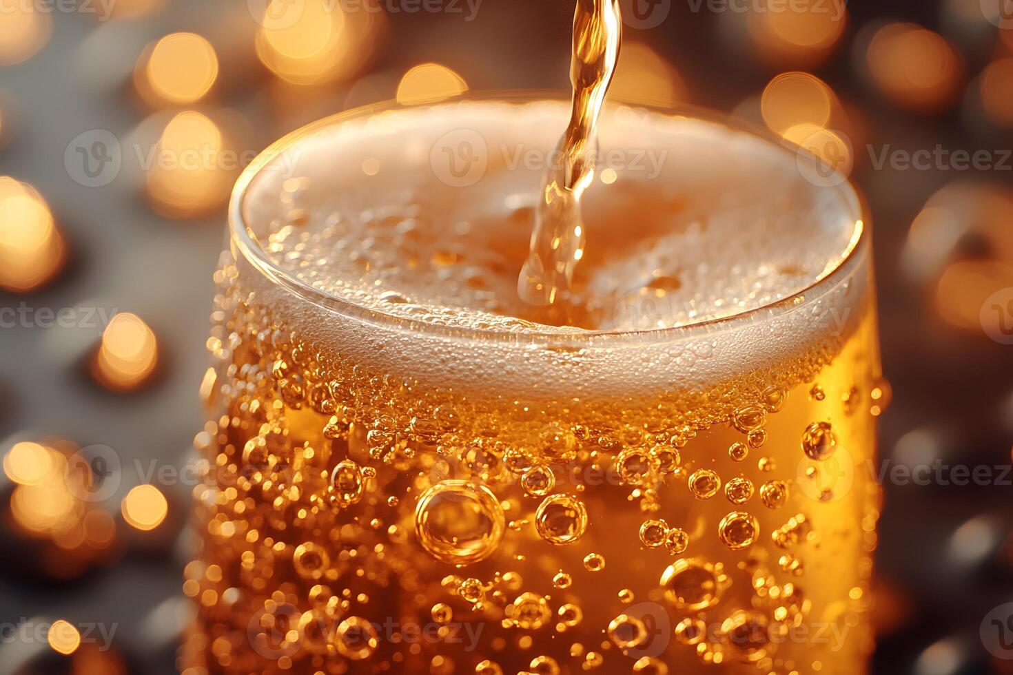 Refreshing Carbonated Drink Pouring with Golden Bokeh for Beverage Advertising photo