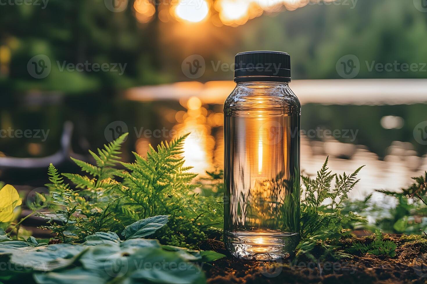 Tranquil Nature Setting with Water Bottle Near Forest Lake at Sunset photo