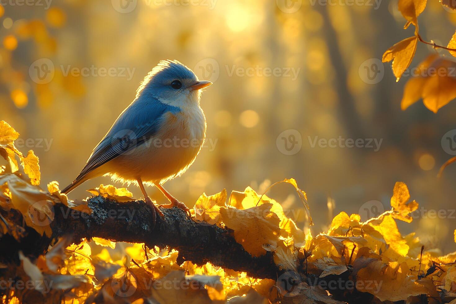 Autumn Serenity Bluebird Perched Amidst Golden Leaves at Sunset photo