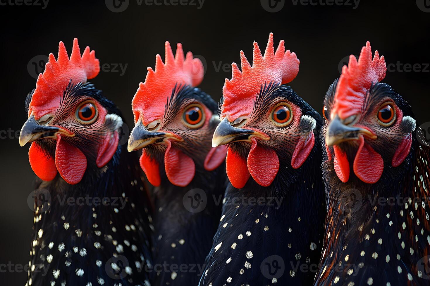 Close-Up Portrait of Four Speckled Chickens with Vibrant Red Combs in Natural Light photo