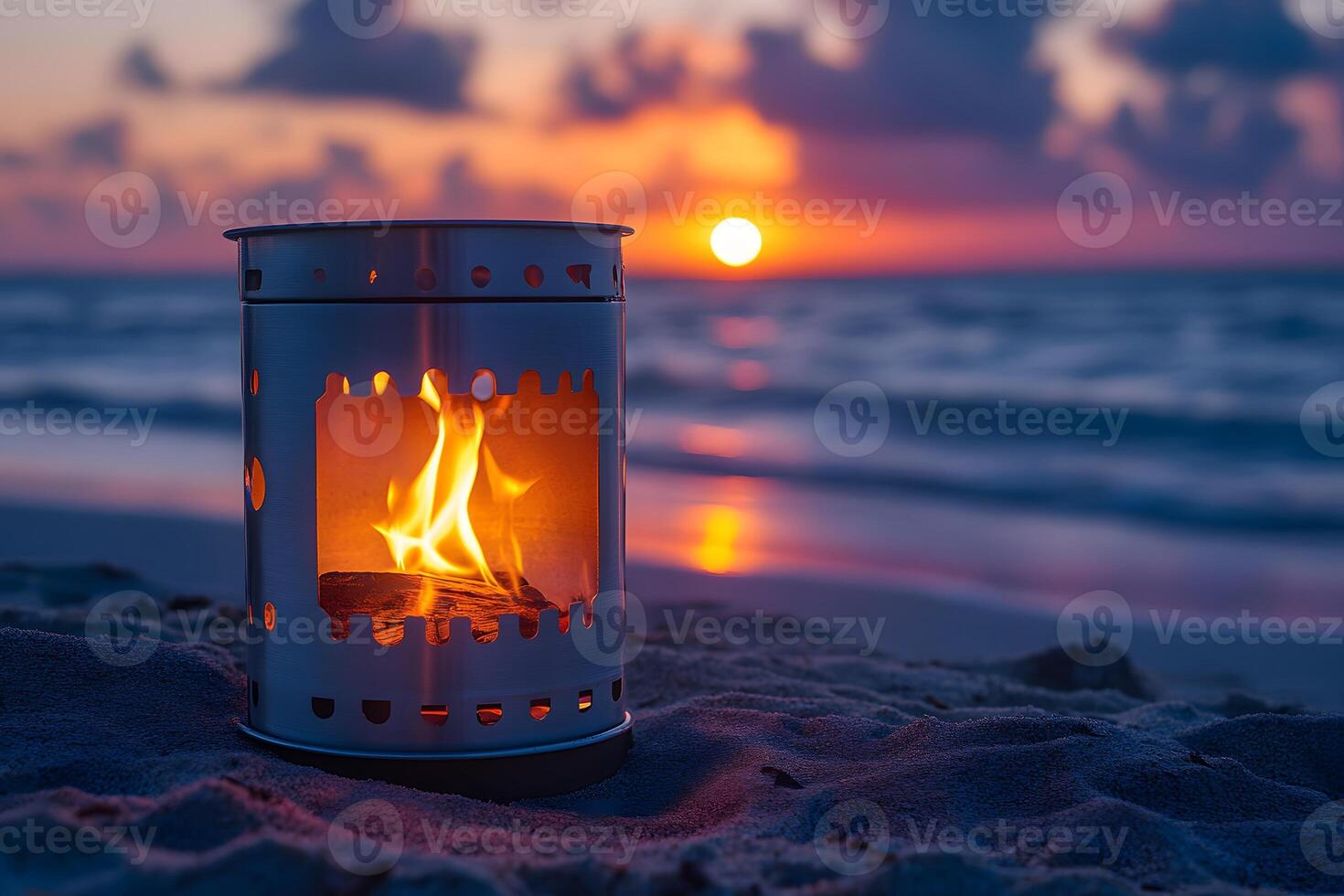 Serene Beach Sunset with Lantern Flame for Relaxation and Tranquility Design photo