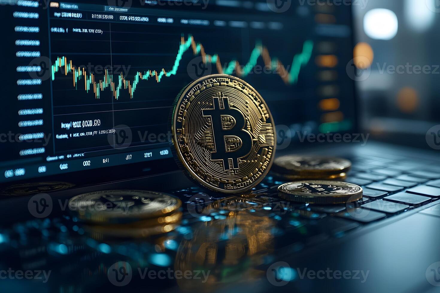 Cryptocurrency and Bitcoin Investment with Market Analysis on Laptop Screen photo