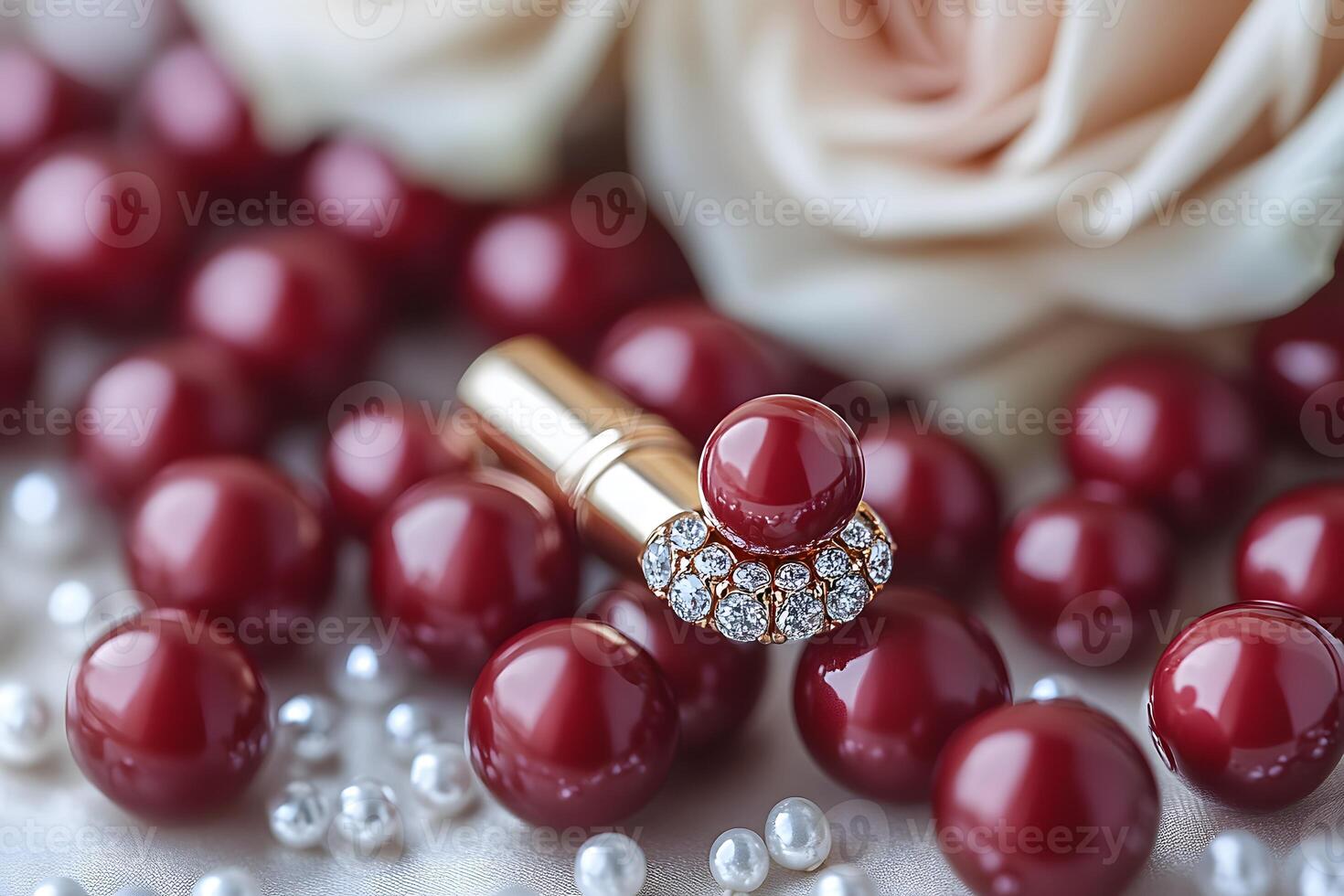 Elegant Luxury Red Lipstick and Pearls with Roses for Glamorous Beauty Concept photo