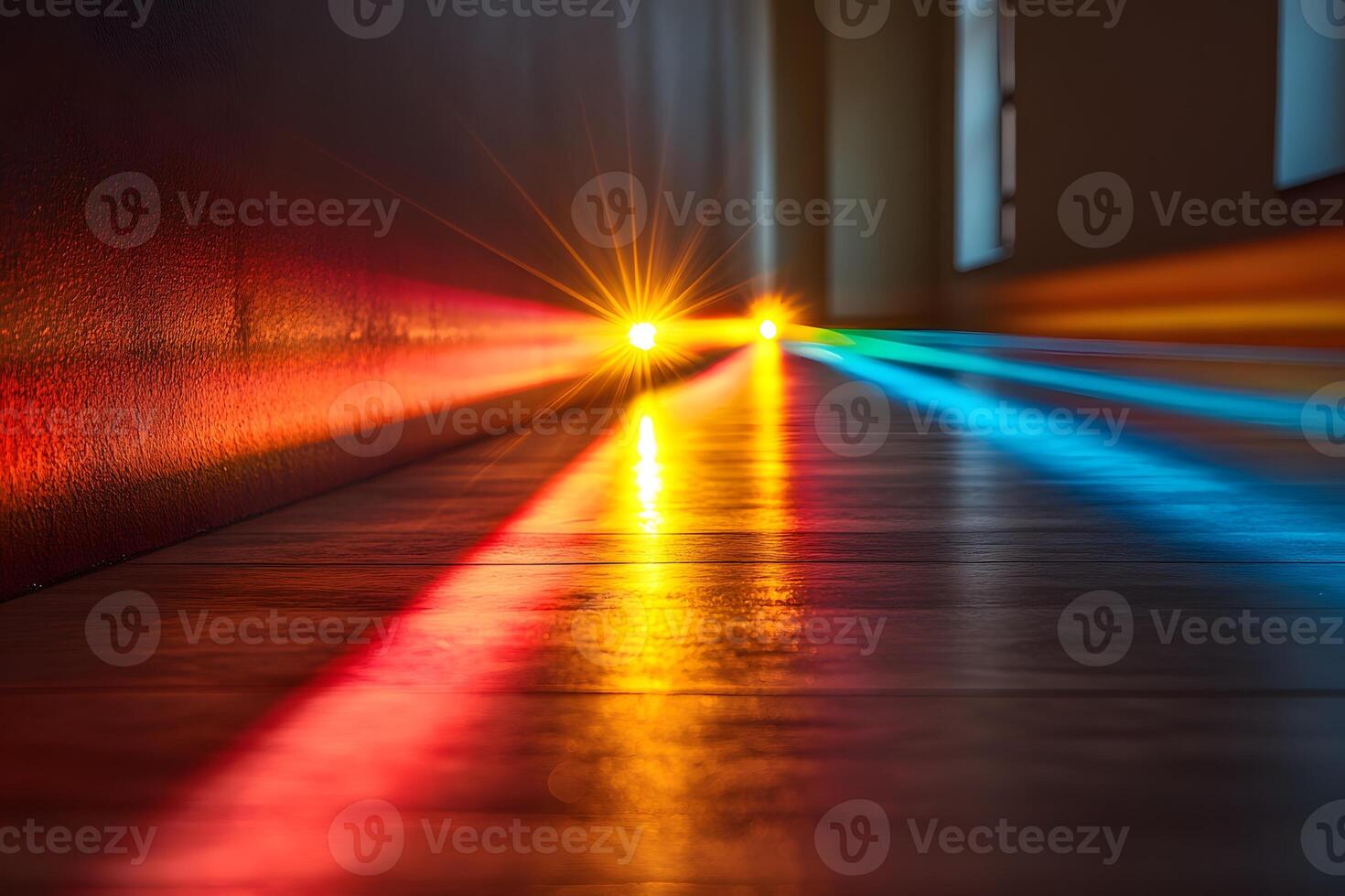 Colorful Light Beams Creating a Striking Visual Display on a Wooden Floor photo