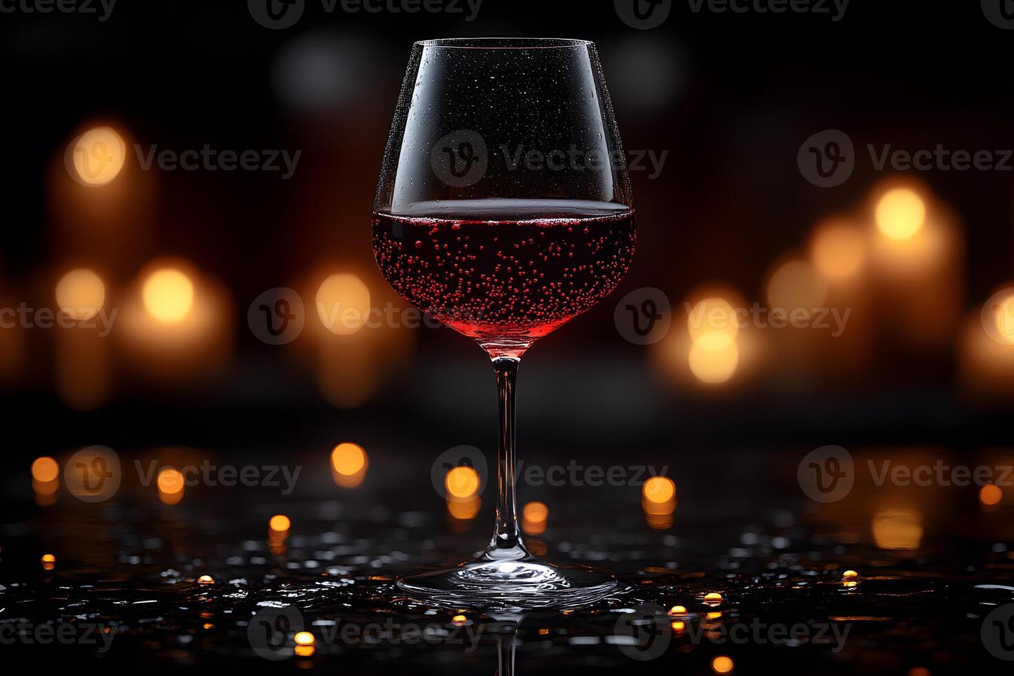 Elegant Wine Glass with Red Wine and Candlelight Bokeh for Romantic Dining Atmosphere photo