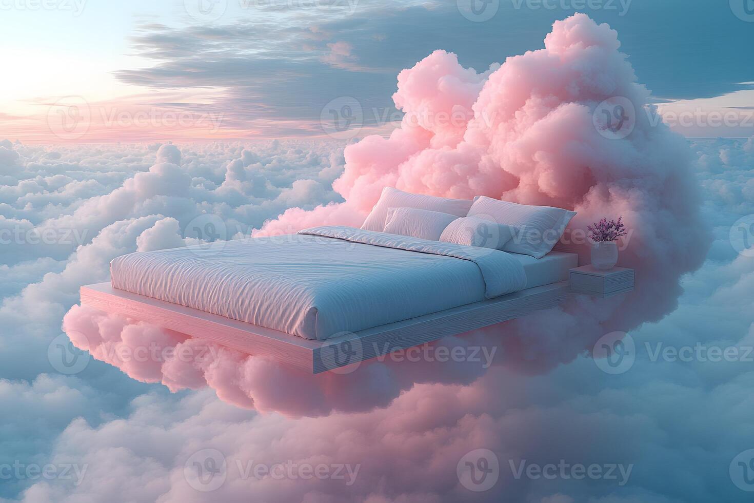 Dreamlike Cloud Bed Fantasy Scene - Surreal Sky Sleep Fantasy for Creative Design photo