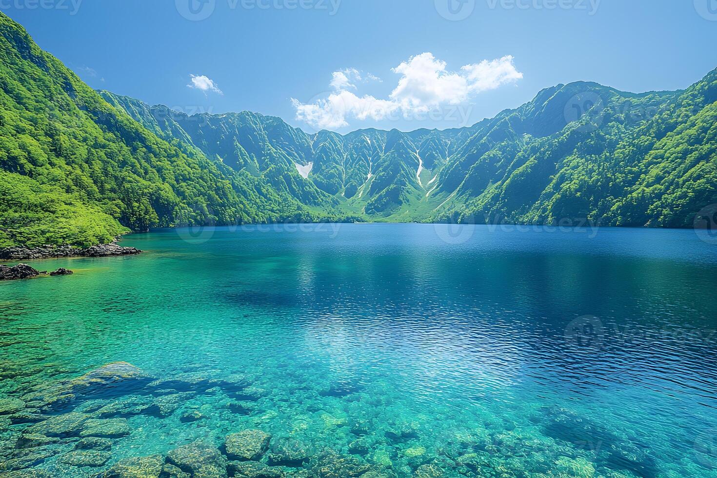 Tranquil Mountain Lake in Spring with Crystal-Clear Waters and Lush Greenery photo