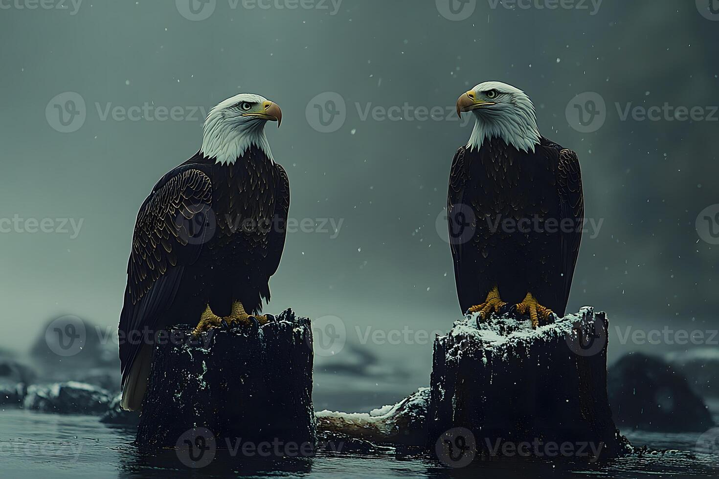 Majestic Bald Eagles Perched in Snowy Winter Wilderness for Wildlife Photography photo