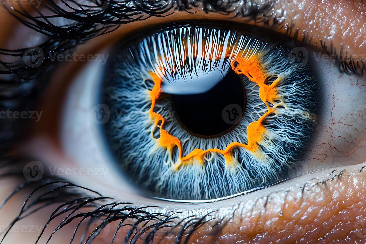 Close-up of a Human Eye with Striking Blue Iris and Orange Accents for Medical and Artistic Design photo