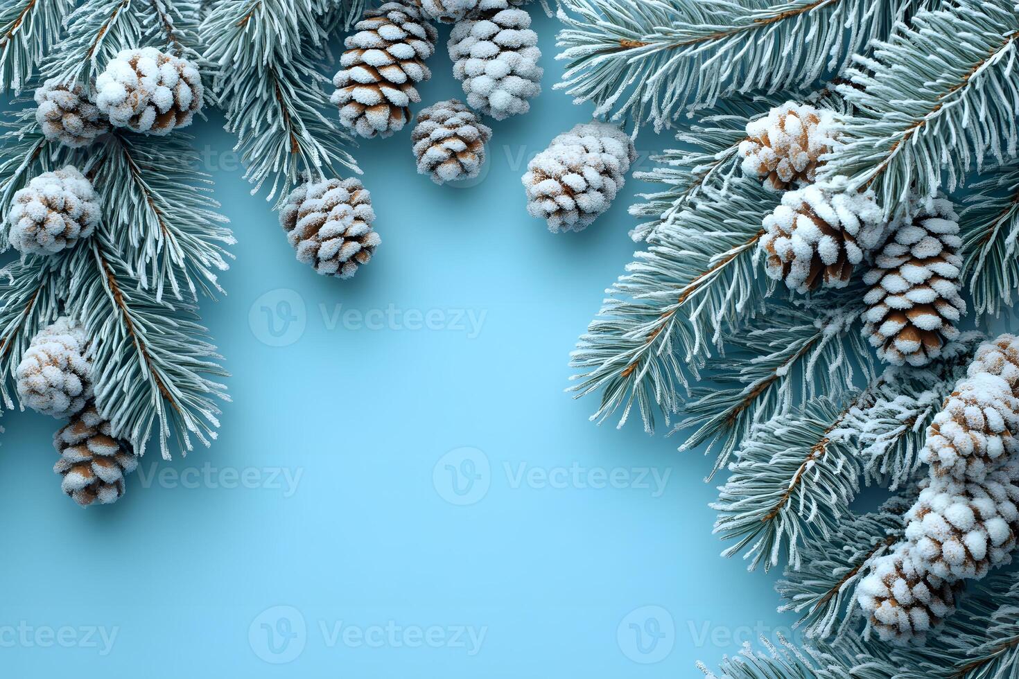 Winter Holiday Design with Frosty Pine Cones and Evergreen Branches on Blue Background photo