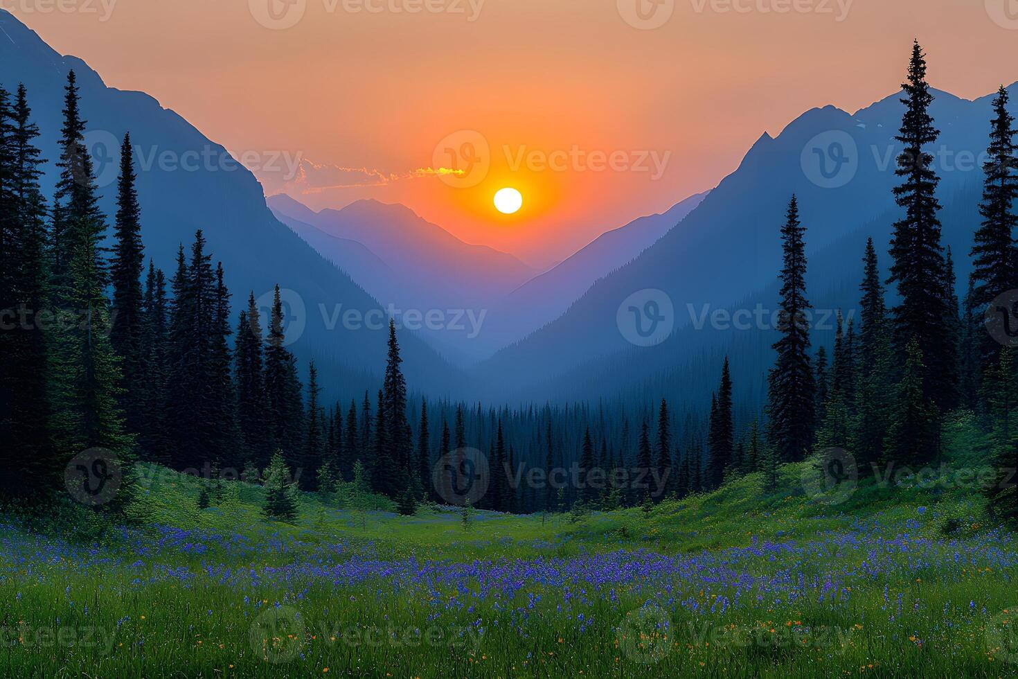 Tranquil Mountain Sunset Over a Vibrant Meadow with Wildflowers photo