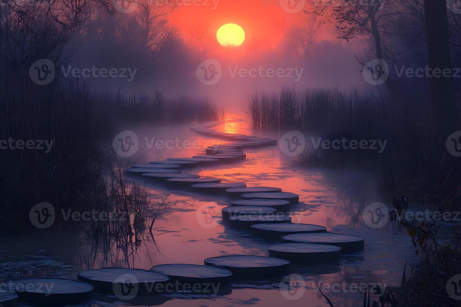 Serene Pathway at Sunset Tranquil Stepping Stones Over Misty Waters photo