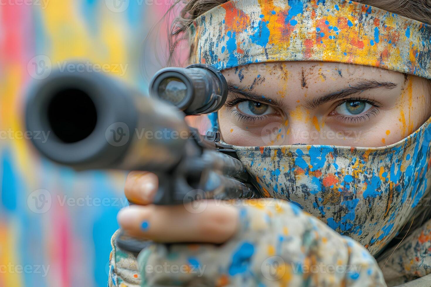 Intense Paintball Competitor Aiming in Colorful Battle Scenario photo