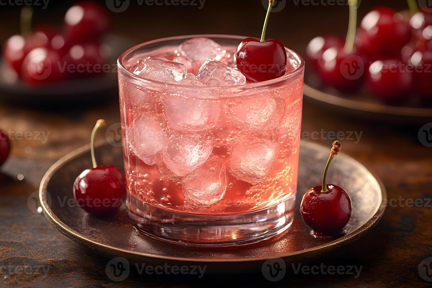 Refreshing Cherry Cocktail with Ice on Rustic Brown Background for Beverage Design photo