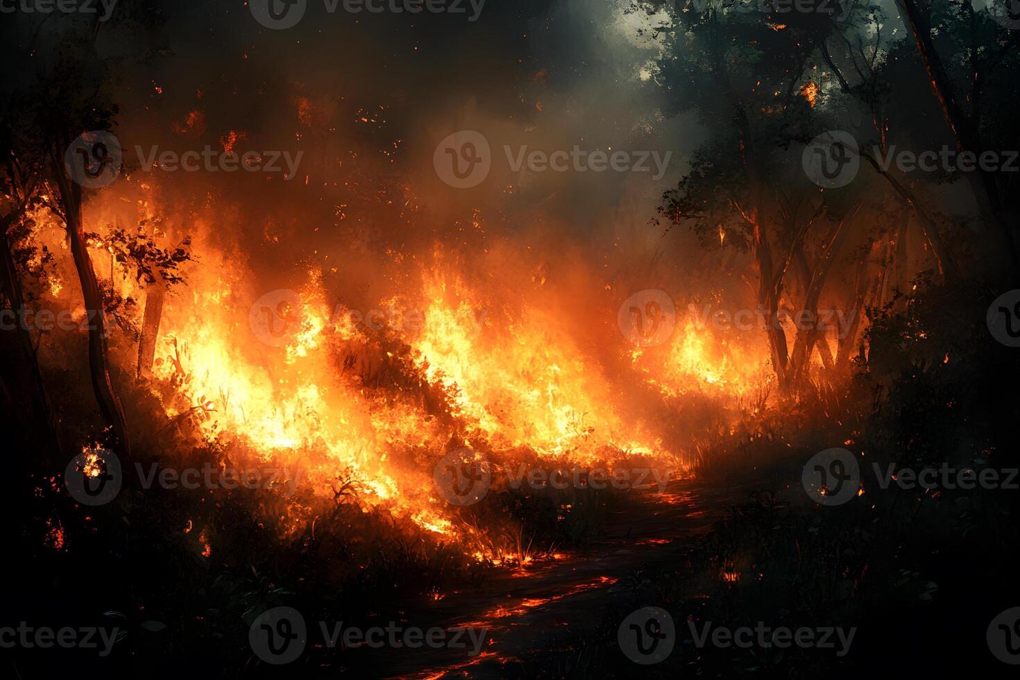 Intense Forest Fire in Dense Woodland Setting for Environmental Impact Studies photo
