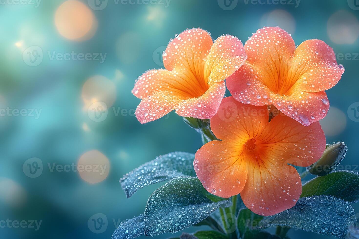 Vibrant Morning Dew on Orange Flowers with Soft Bokeh Background for Nature-Themed Design photo
