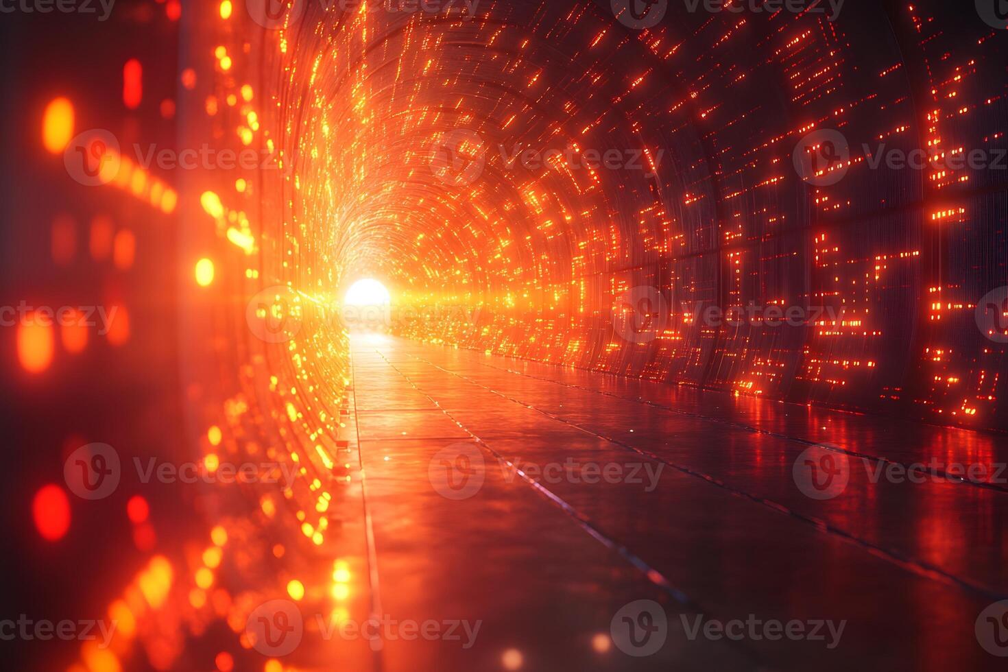 Futuristic Sci-Fi Tunnel with Glowing Lights at Sunset photo