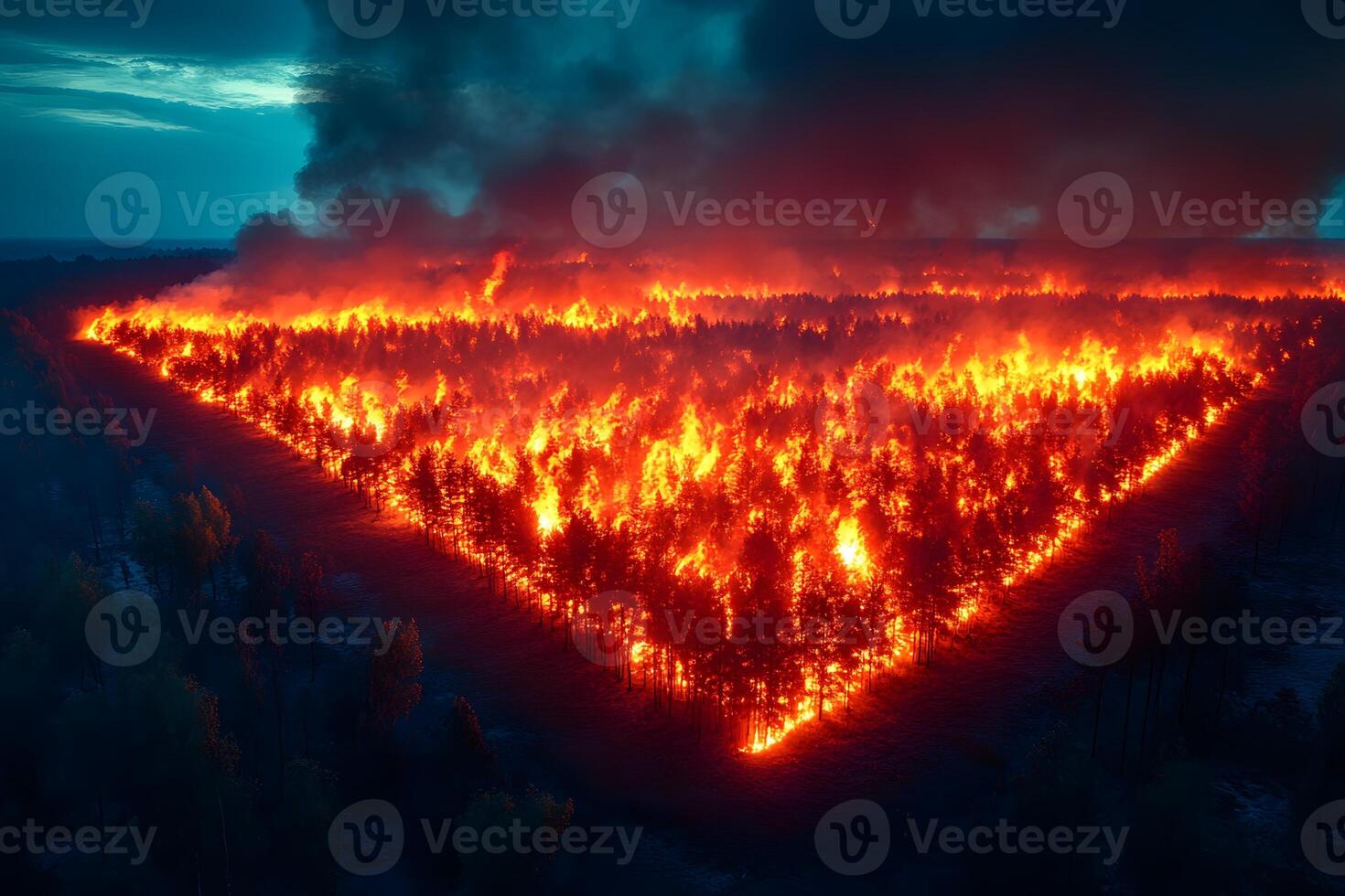 Dramatic Forest Fire Landscape at Dusk - Environmental Impact and Emergency Response photo