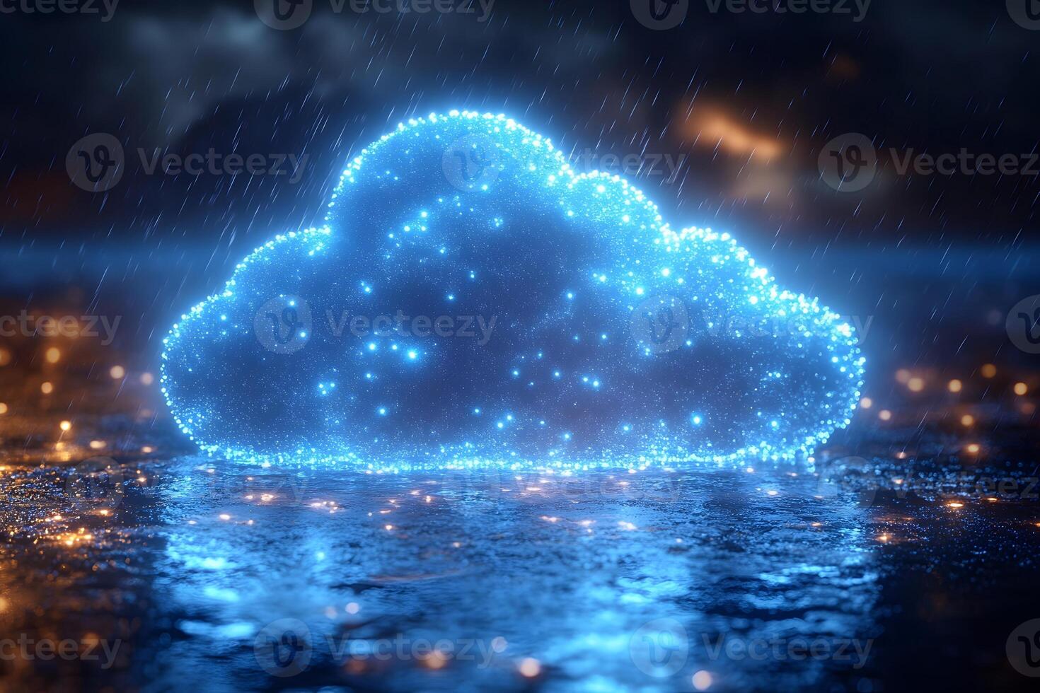 Futuristic Digital Cloud with Glowing Lights Amidst Rainy Night Scene for Tech Design photo