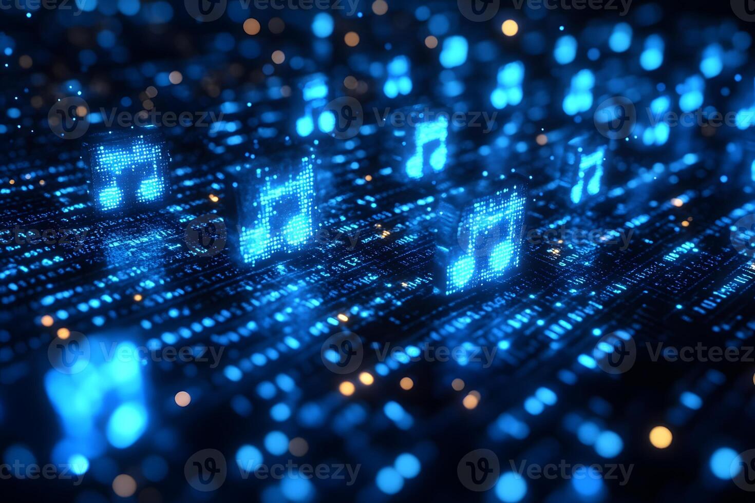 Futuristic Digital Music Concept with Glowing Blue Notes in a Virtual Space photo