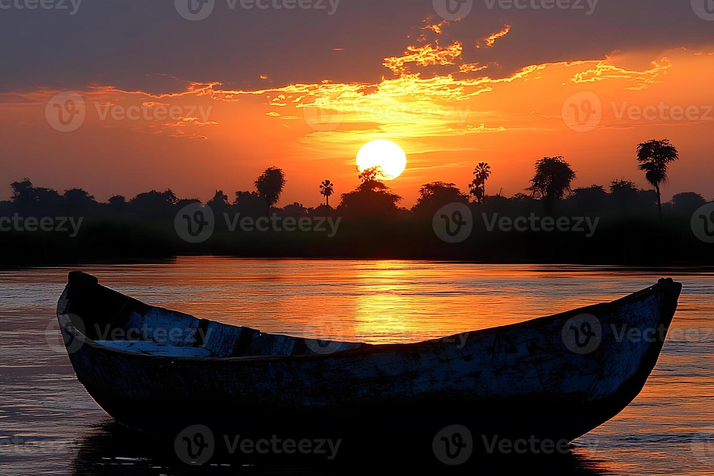 Tranquil Sunset Boat Scene on Calm Waters - Serenity and Nature's Beauty for Wall Art or Print photo