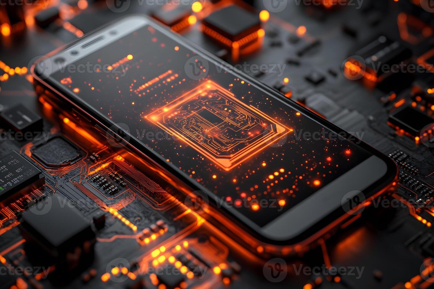 Futuristic Smartphone on Circuit Board Tech Innovation and Digital Connectivity photo