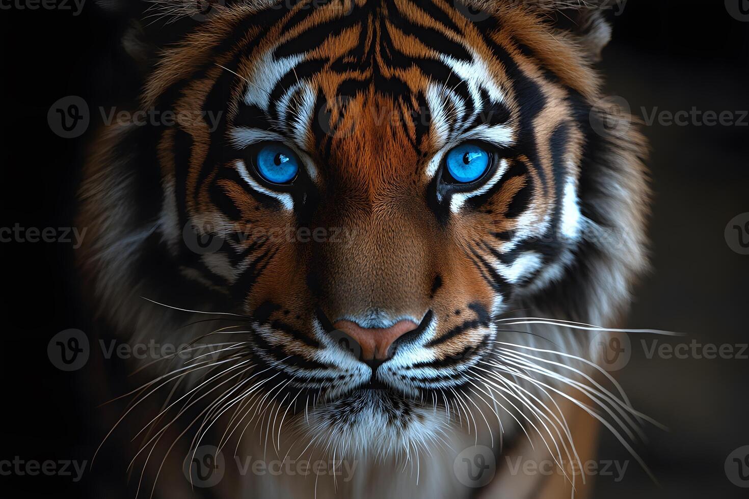 Majestic Blue-Eyed Tiger Staring Intently with Striking Whiskers and Fur Patterns photo