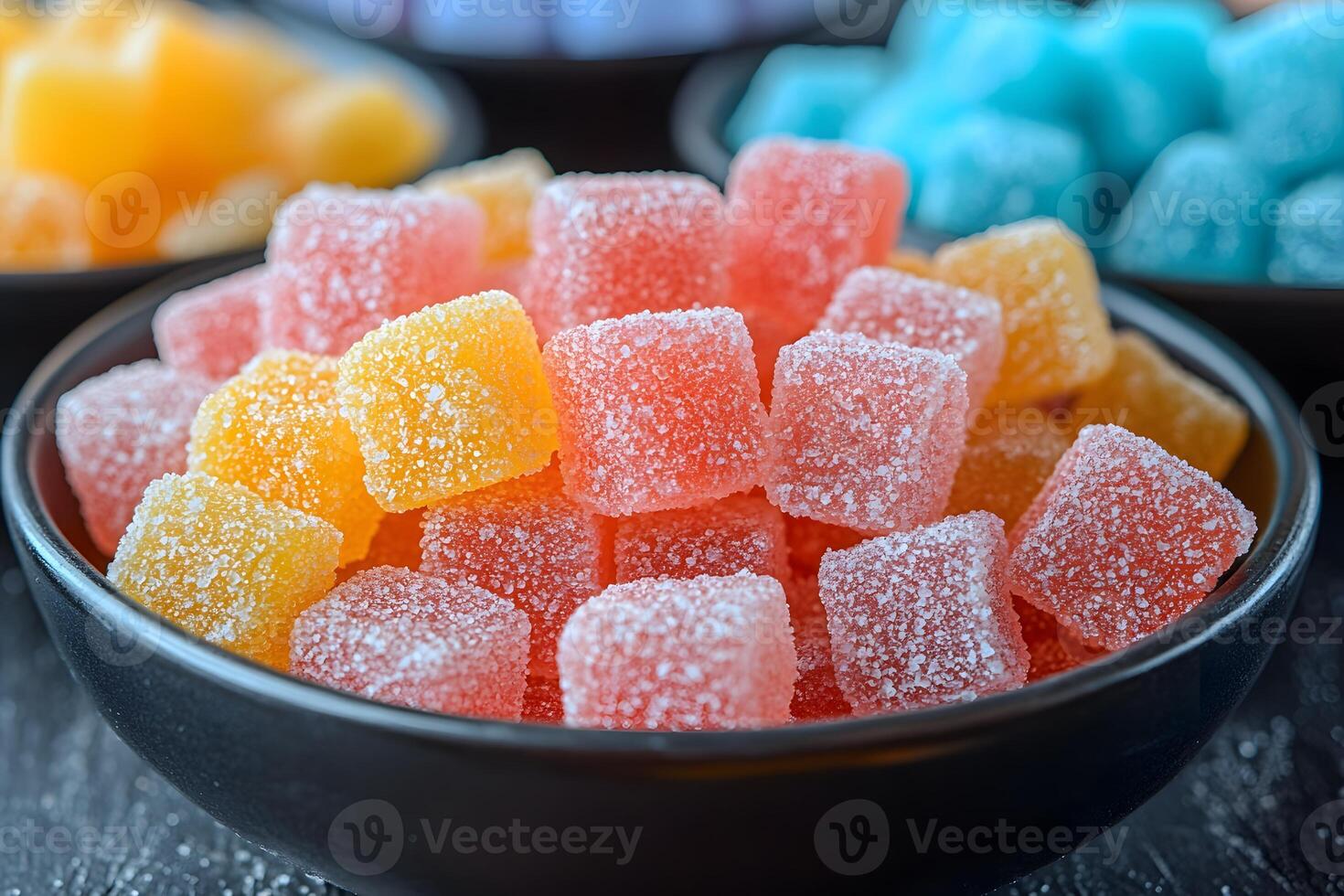 Colorful Sugary Jelly Candies in Bowl for Sweet Treat Stock Photo