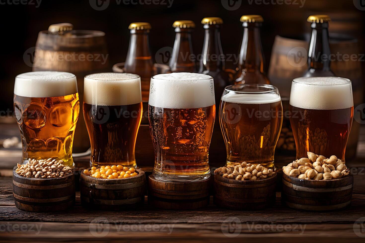 Craft Beer Variety with Ingredients Displayed in Rustic Brewery Setting photo