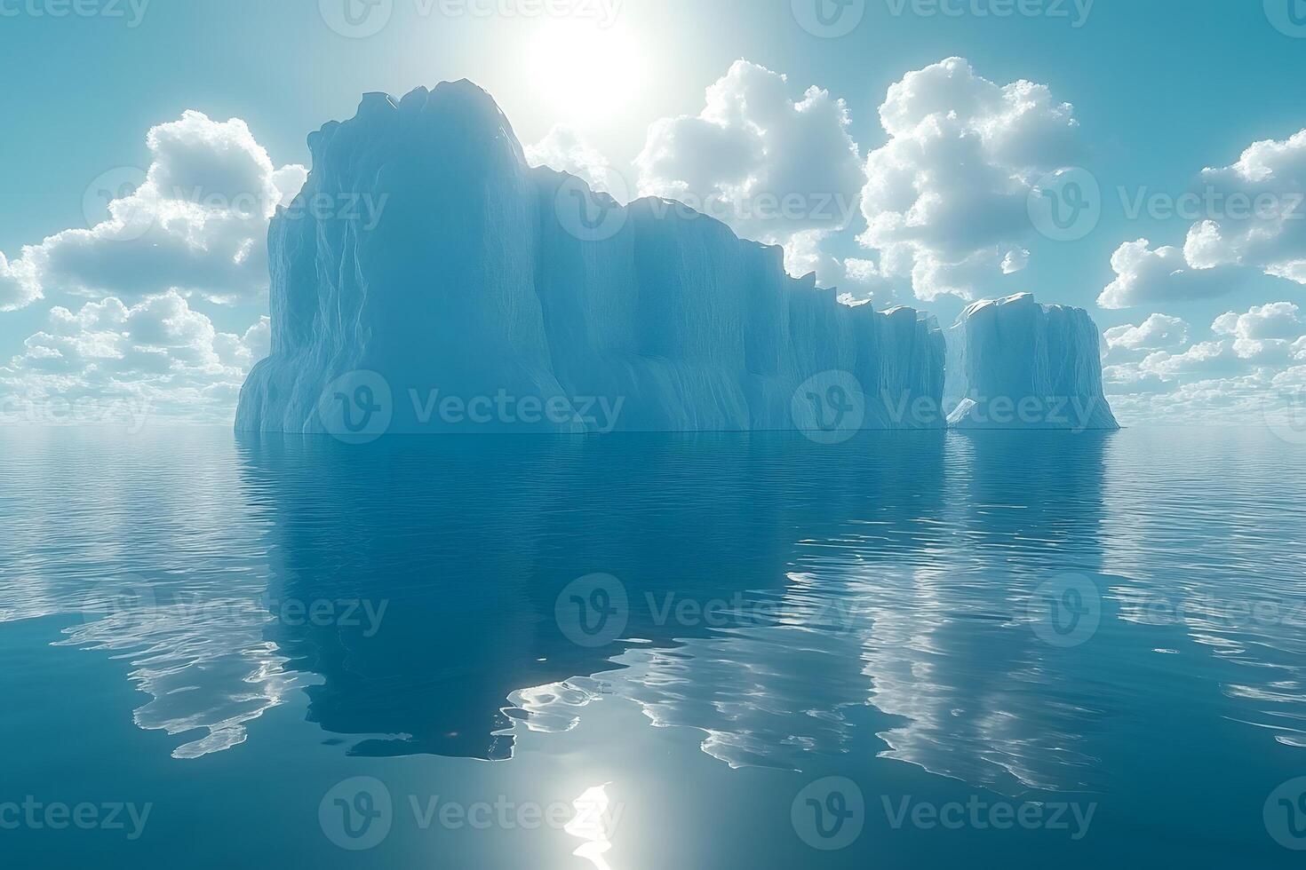 Majestic Icebergs Under a Bright Sun with Reflective Ocean Horizon photo