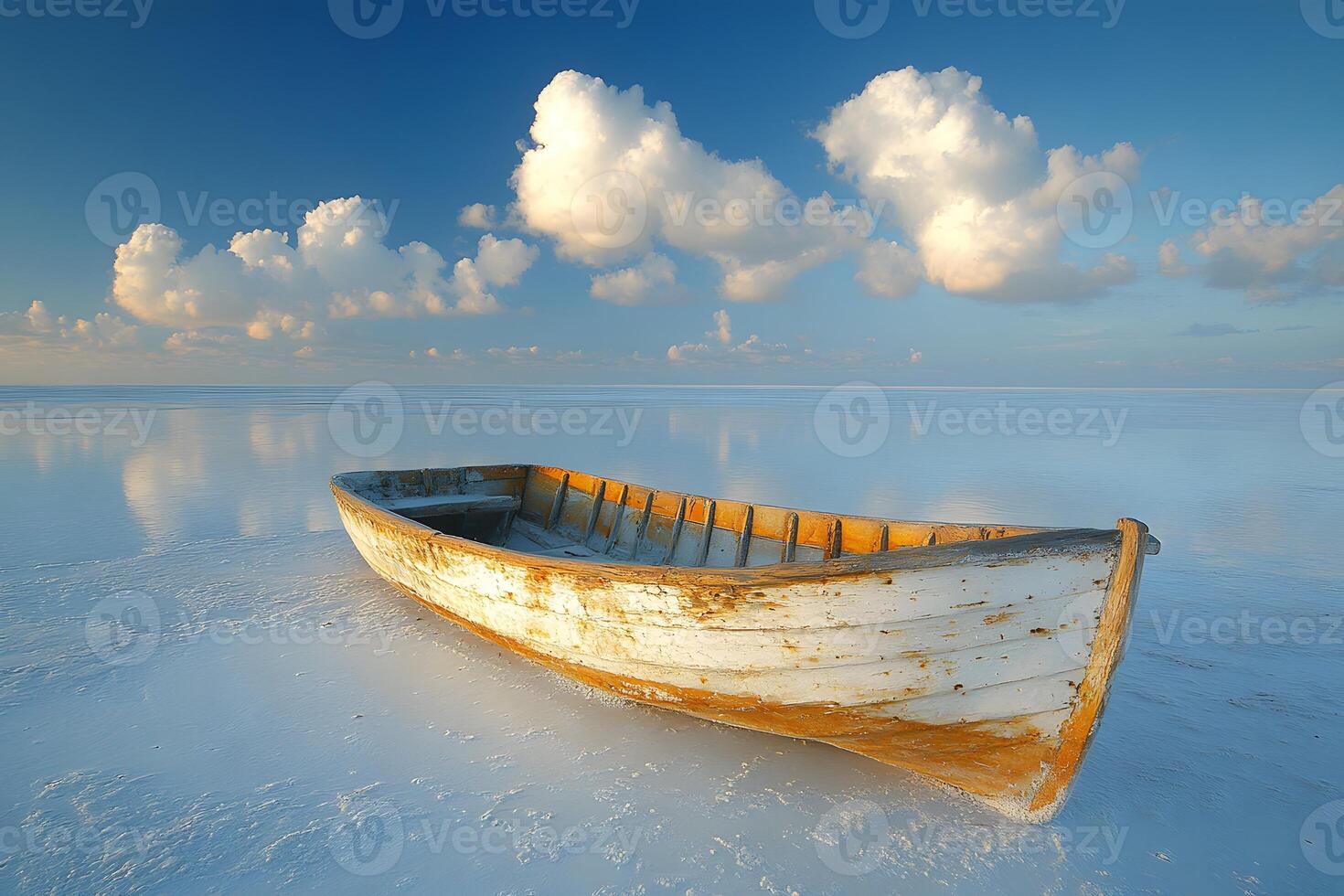 Tranquil Wooden Boat on Serene Salt Flat Under Majestic Clouds photo