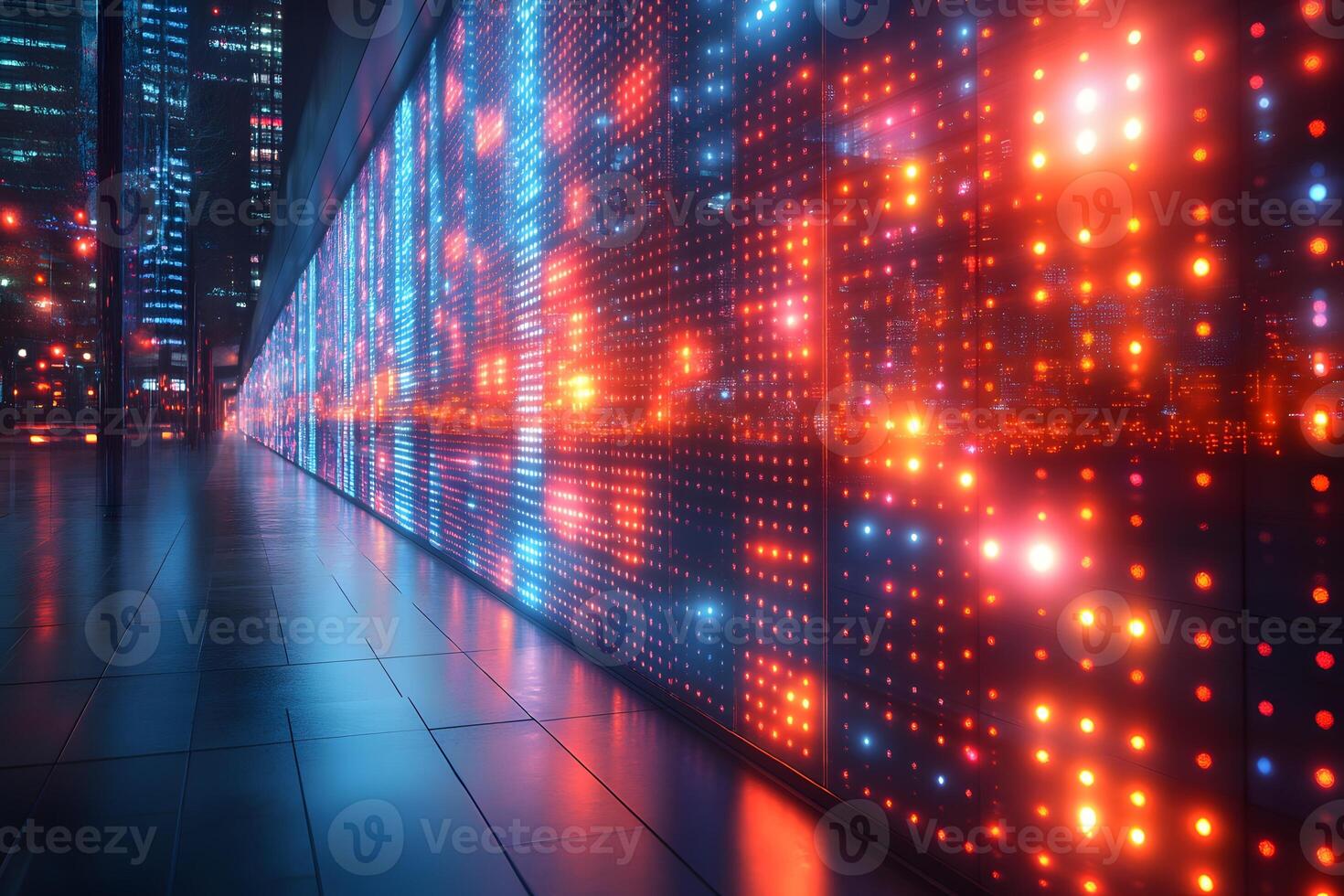 Futuristic Urban Nightscape with LED Light Wall in a Modern City Setting photo