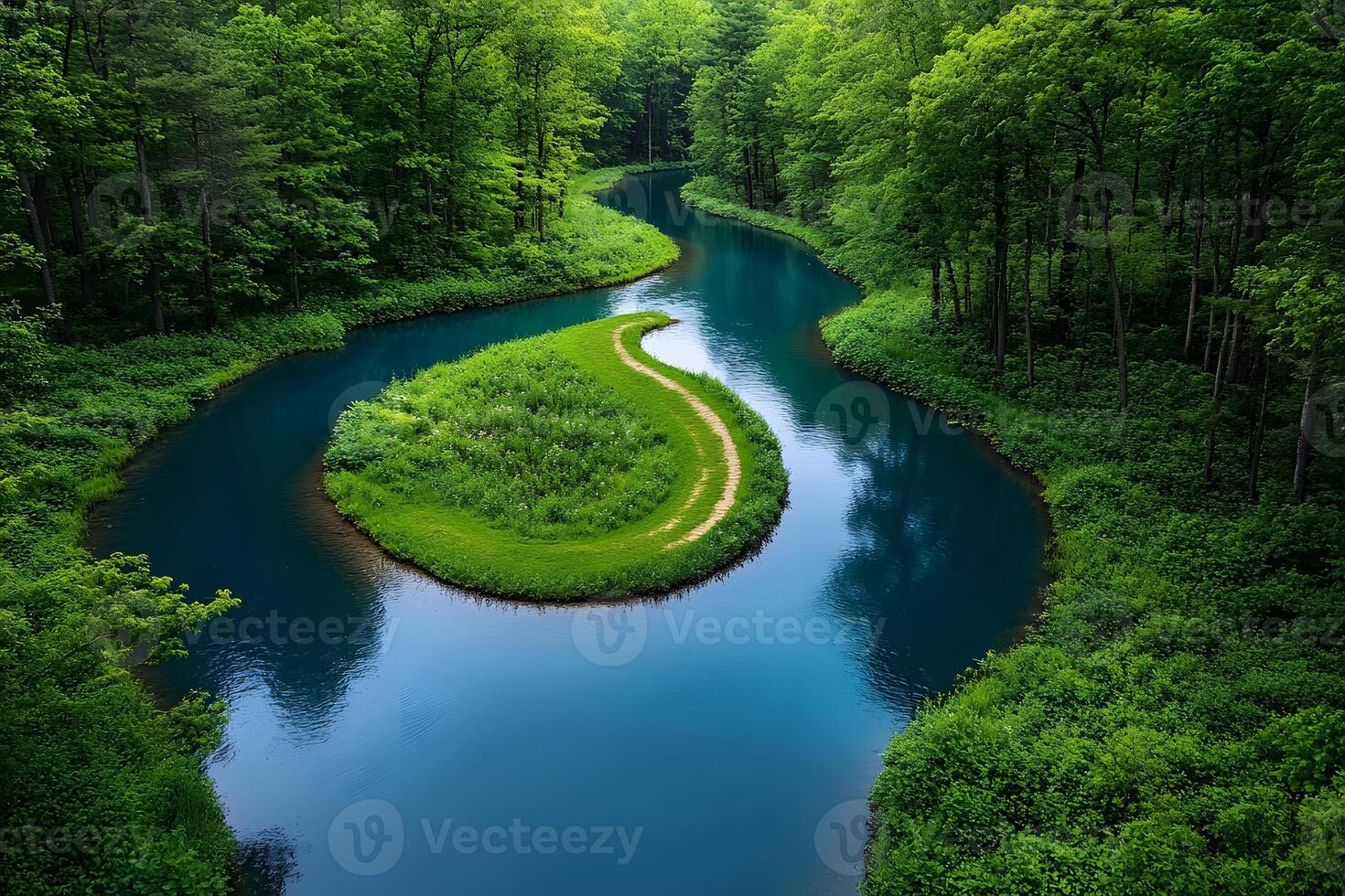 Serene Forest River Bend in Lush Greenery for Nature and Travel Design Projects photo