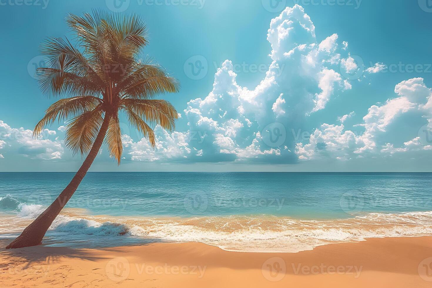 Tropical Beach with Palm Tree and Waves Under Vibrant Sky for Relaxation and Travel Inspiration photo
