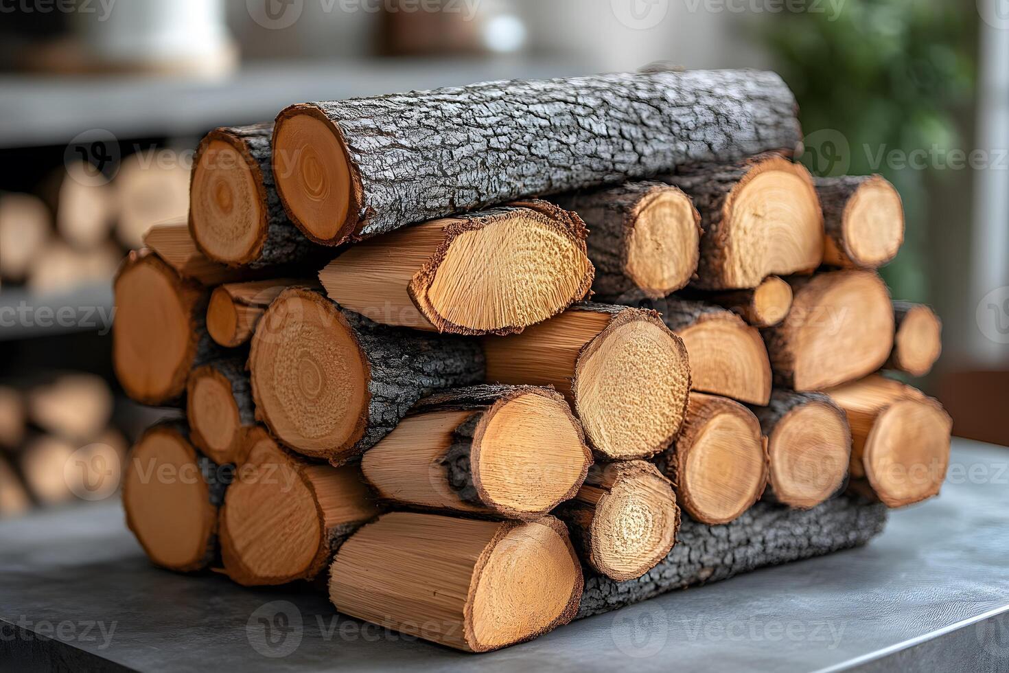 Stack of Natural Firewood Logs on Concrete Surface for Rustic Home Decor and Heating Concepts photo
