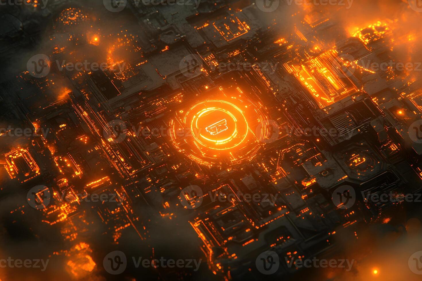 Futuristic Cyberpunk Cityscape with Glowing Circuitry and Neon Lights for Sci-Fi Design photo